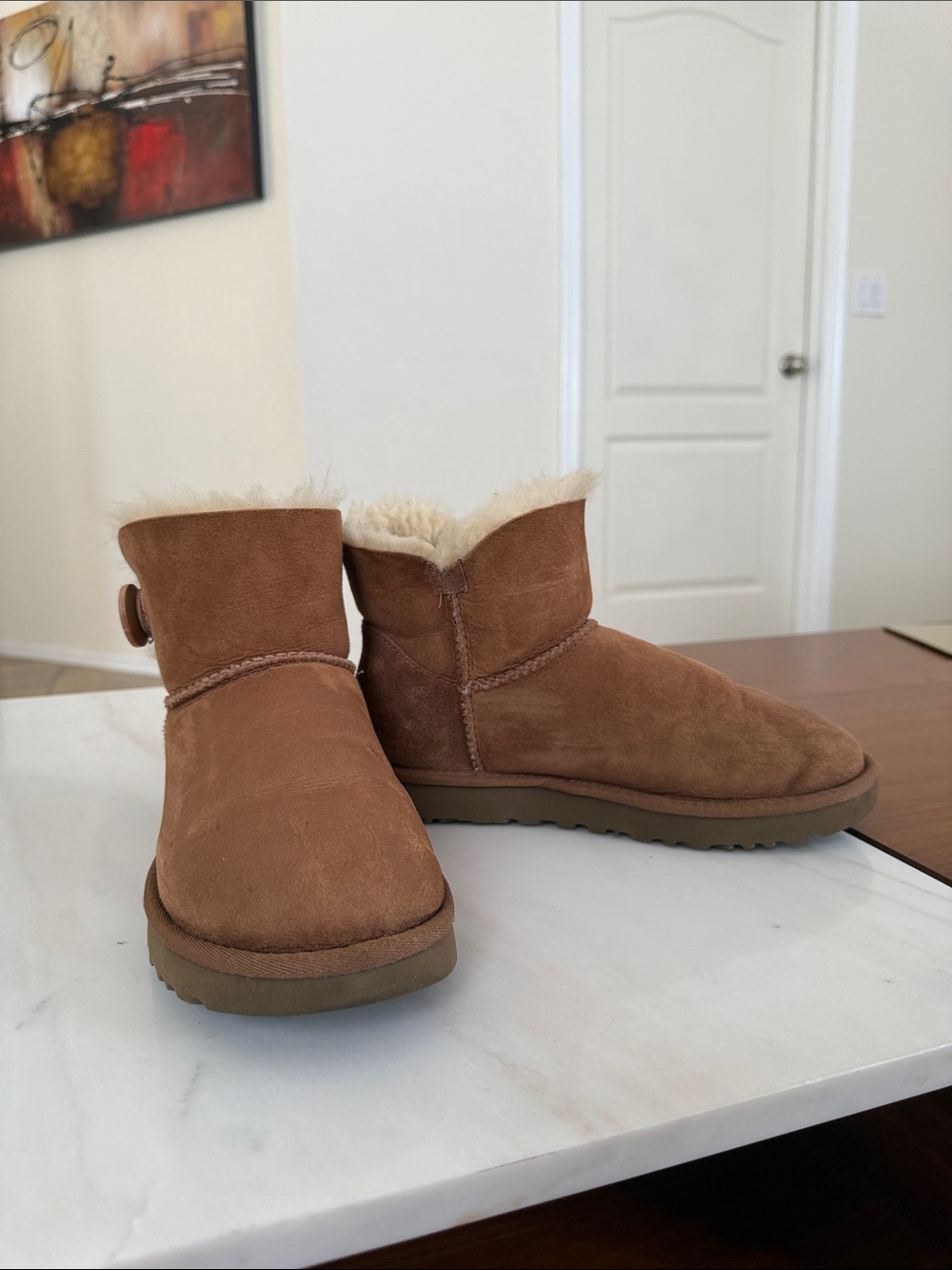 UGG Short Shearling Suede Boots in Chestnut Brown
